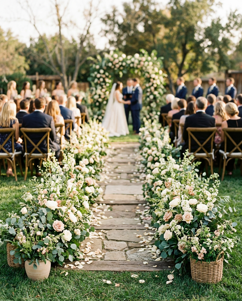 Elegant wedding ceremony aisle with white florals and guests seated