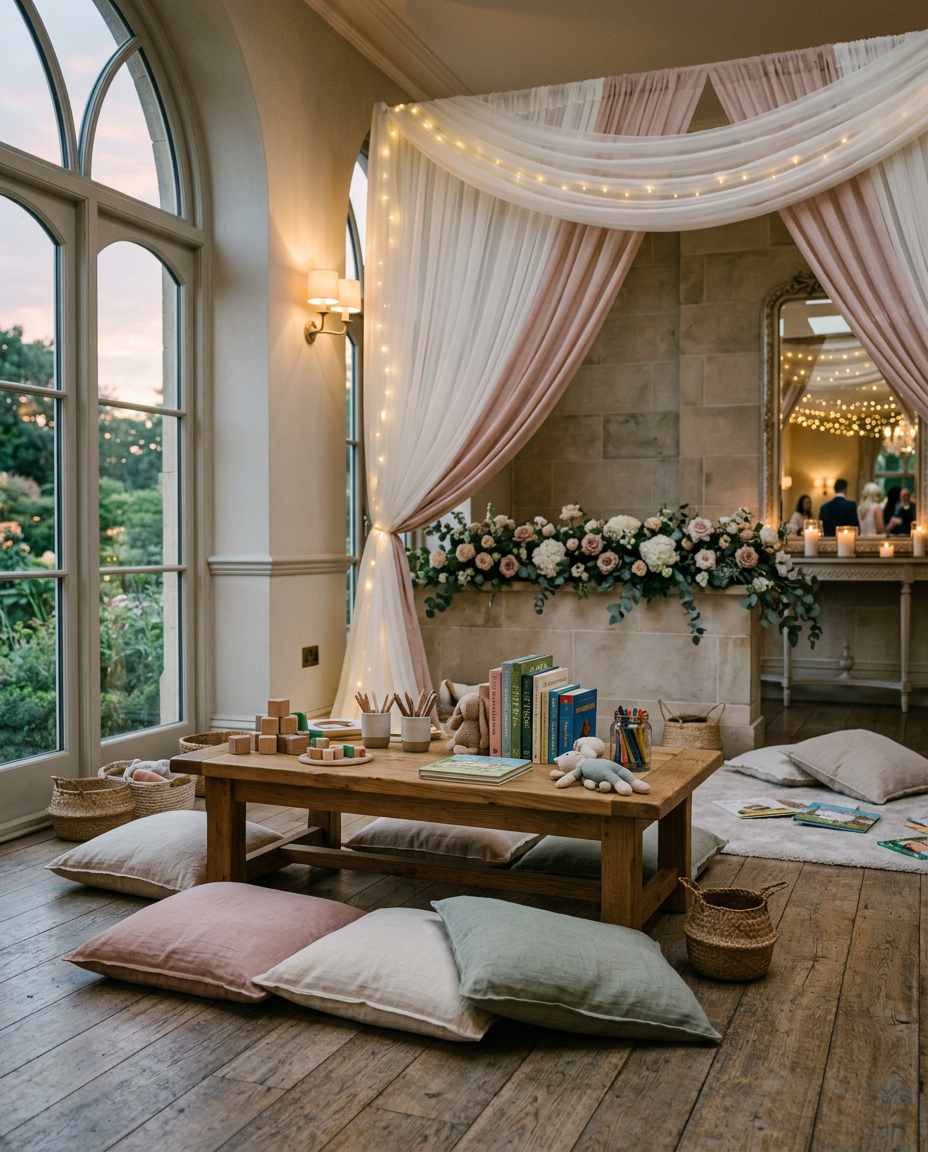 Elegant venue room arranged as a tasteful children's activity area with books and fairy lights