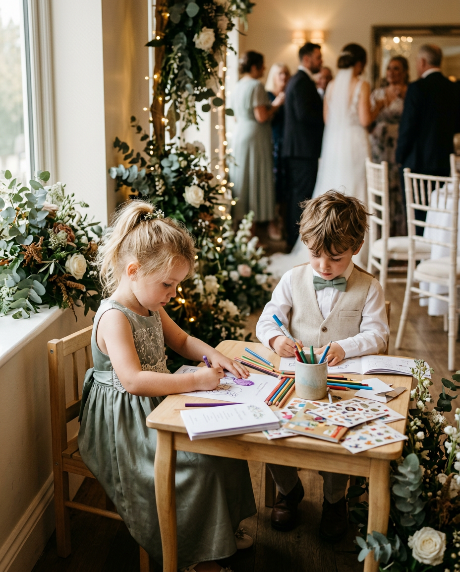 Children in formal wedding attire coloring at a small table in a venue corner