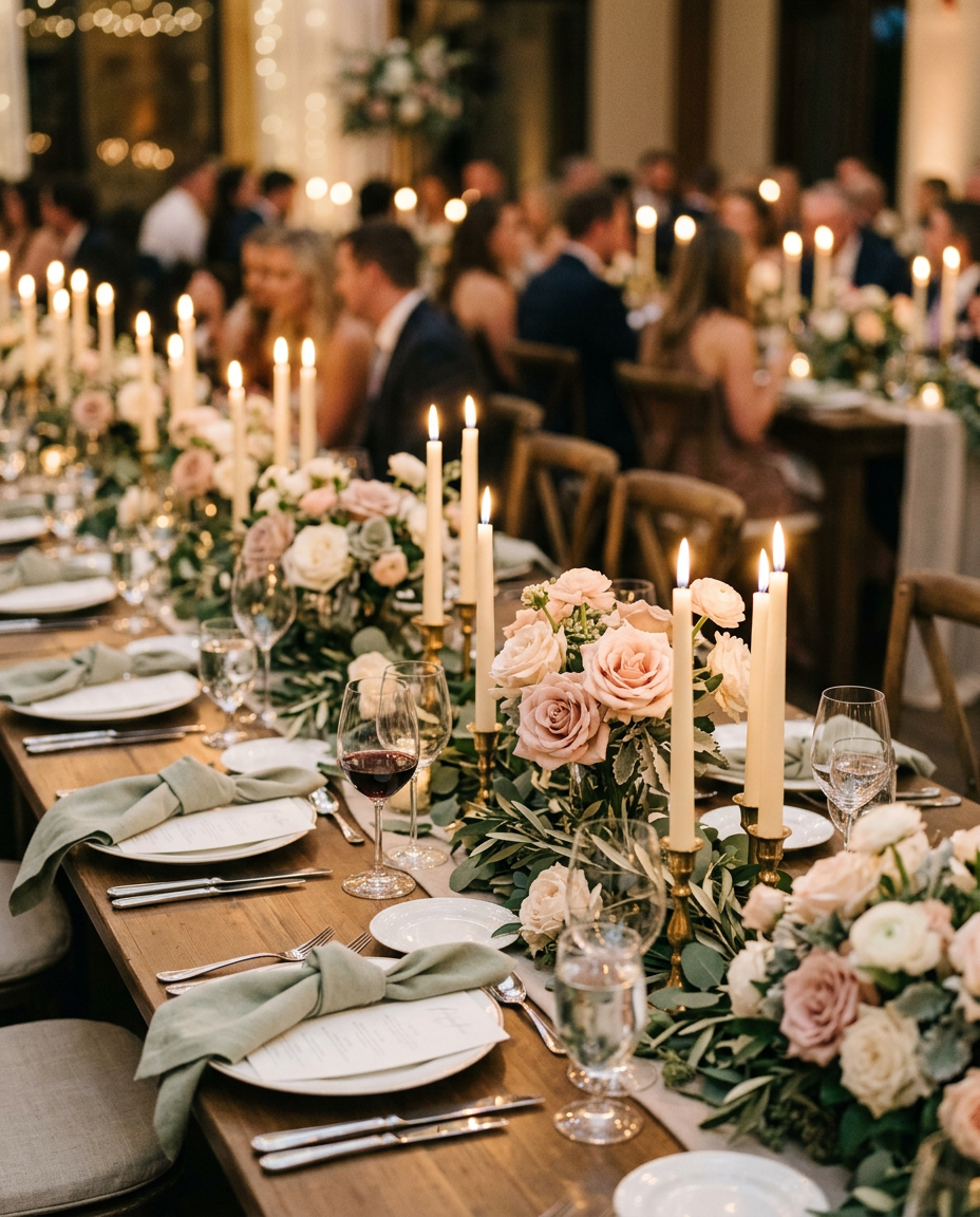 Candlelit wedding reception table with blush roses and champagne glasses