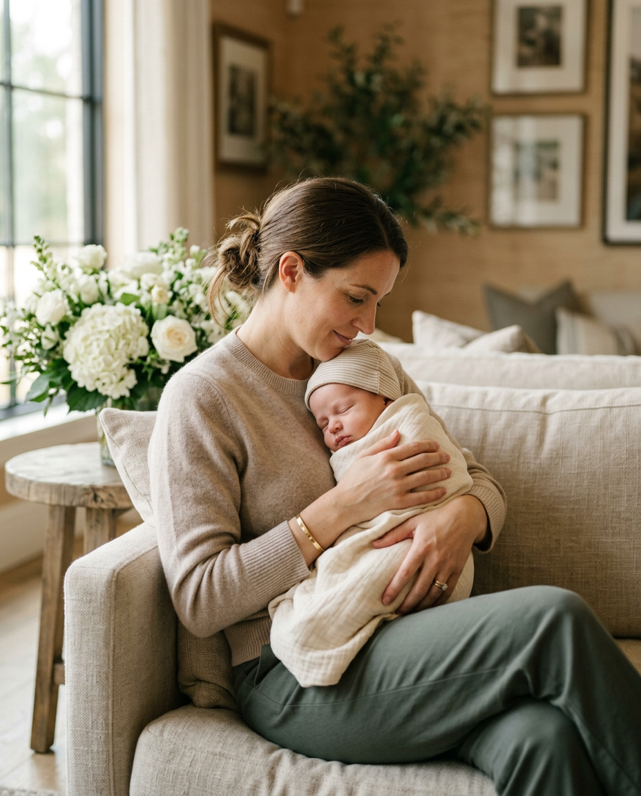 Caregiver gently cradling a baby in an elegant venue lounge